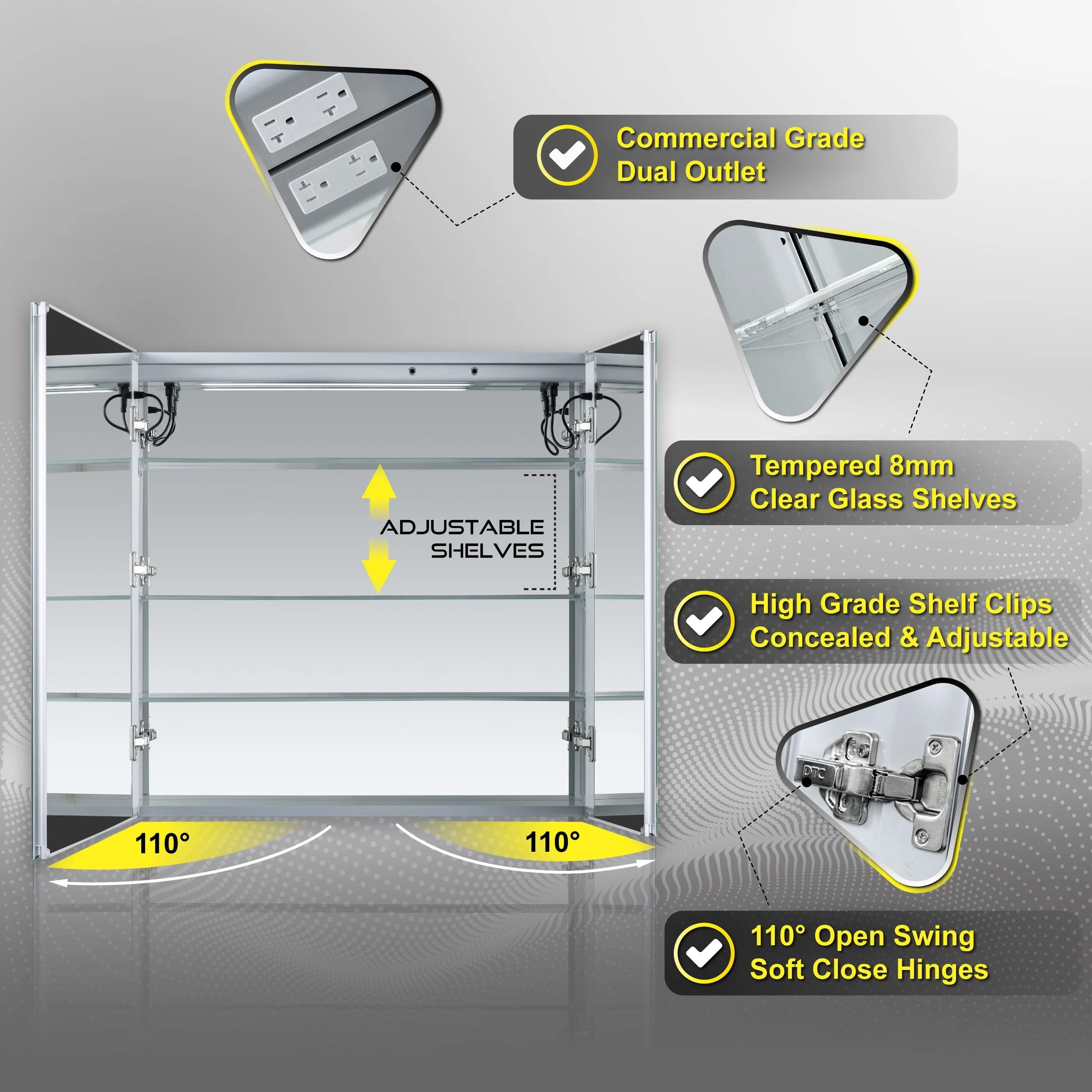 DECADOM LED Mirror Medicine Cabinet Recessed or Surface, Dimmer, Clock, Room Temp Display, Dual Outlets Duna 30x32